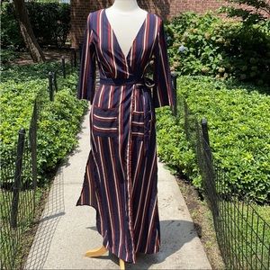 L’ATISTE Maroon and Navy Striped Wrap Maxi Dress